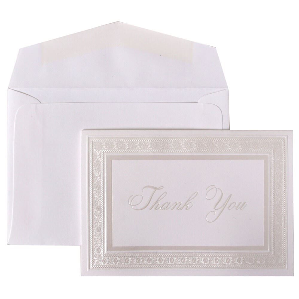 JAM Paper Thank You Card Set, 4 7/8in x 3 3/8in, 65 Lb, Bright White/Pearl Border, Set Of 104 Cards And 100 Envelopes MPN:BW80912