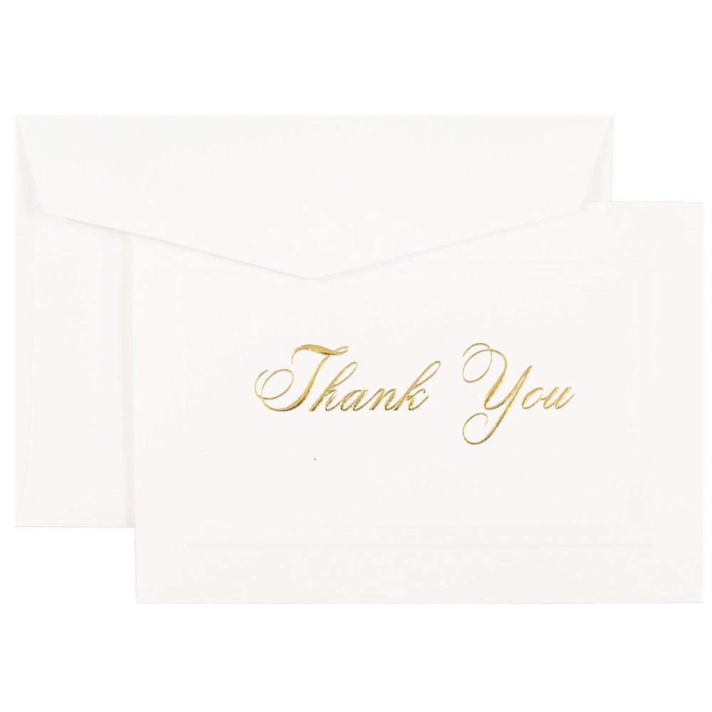 JAM Paper Thank You Card Set, 4 7/8in x 3 3/8in, 80 Lb, Bright White/Gold Script, Set Of 104 Cards And 100 Envelopes MPN:BW98000