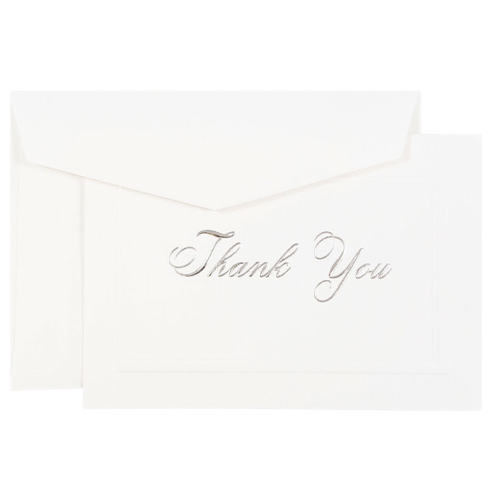 JAM Paper Thank You Card Set, 4 7/8in x 3 3/8in, 80 Lb, Bright White/Silver Script, Set Of 104 Cards And 100 Envelopes MPN:BW98001
