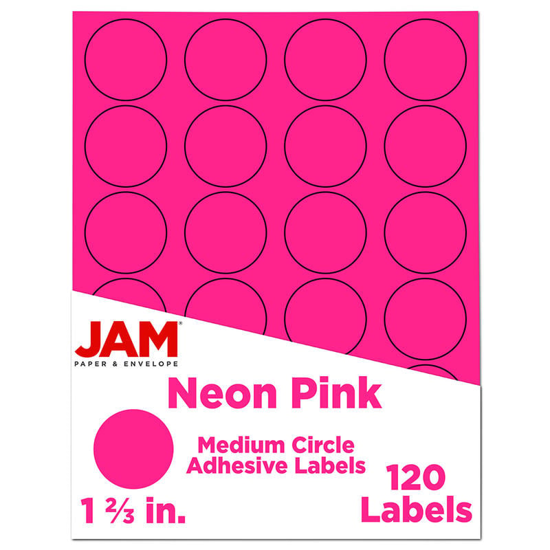 JAM Paper Circle Labels, 1-5/8in, Neon Pink, 24 Labels Per Sheet, Pack Of 5 Sheets MPN:354329581