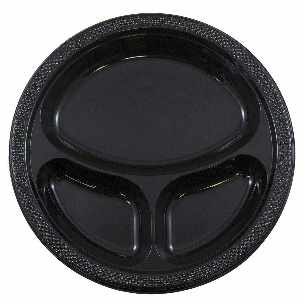 JAM PAPER Plastic 3 Compartment Divided Plates, Large, 10 1/4 inch, Black, 20/Pack MPN:10255CPBL