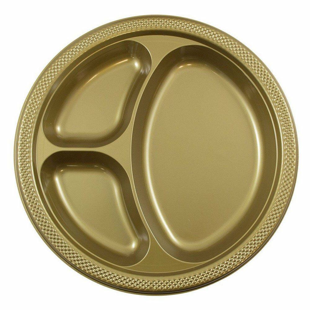 JAM PAPER Plastic 3 Compartment Divided Plates, Large, 10 1/4 inch, Gold, 20/Pack MPN:10255CPGL