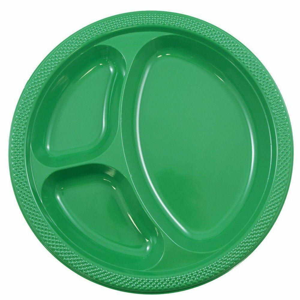 JAM PAPER Plastic 3 Compartment Divided Plates, Large, 10 1/4 inch, Green, 20/Pack MPN:10255CPGR