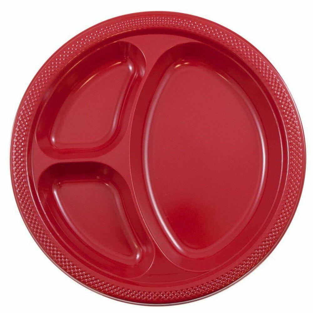 JAM PAPER Plastic 3 Compartment Divided Plates, Large, 10 1/4 inch, Red, 20/Pack MPN:10255CPRE