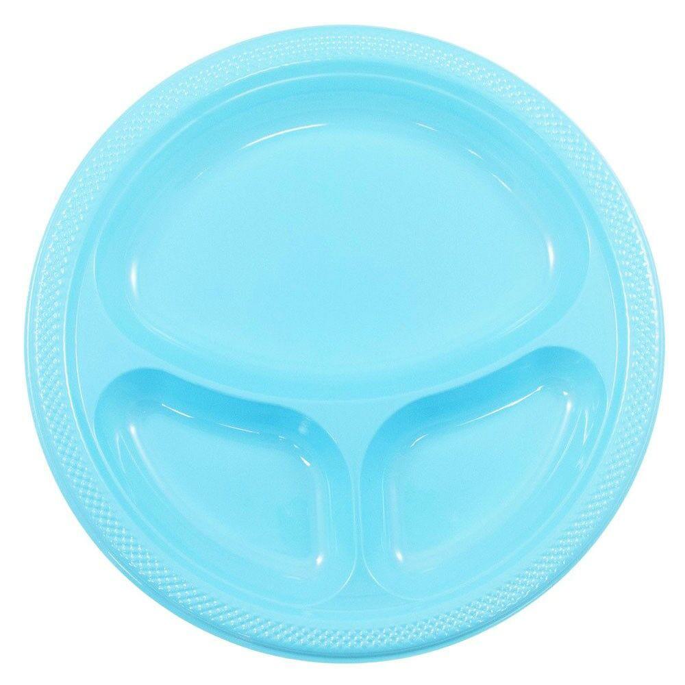 JAM PAPER Plastic 3 Compartment Divided Plates, Large, 10 1/4 inch, Caribbean Aqua Blue, 20/Pack MPN:10255CPSB