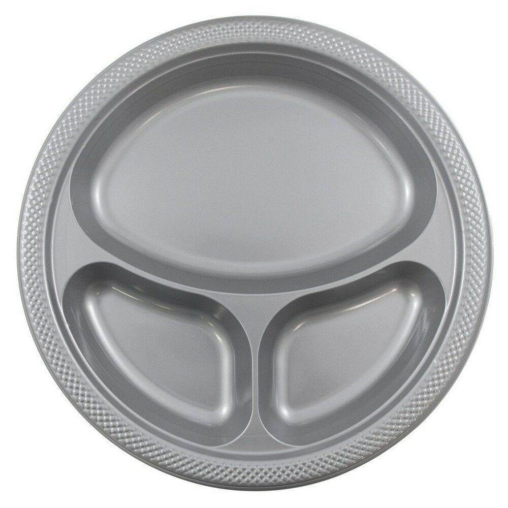 JAM PAPER Plastic 3 Compartment Divided Plates, Large, 10 1/4 inch, Silver, 20/Pack MPN:10255CPSL
