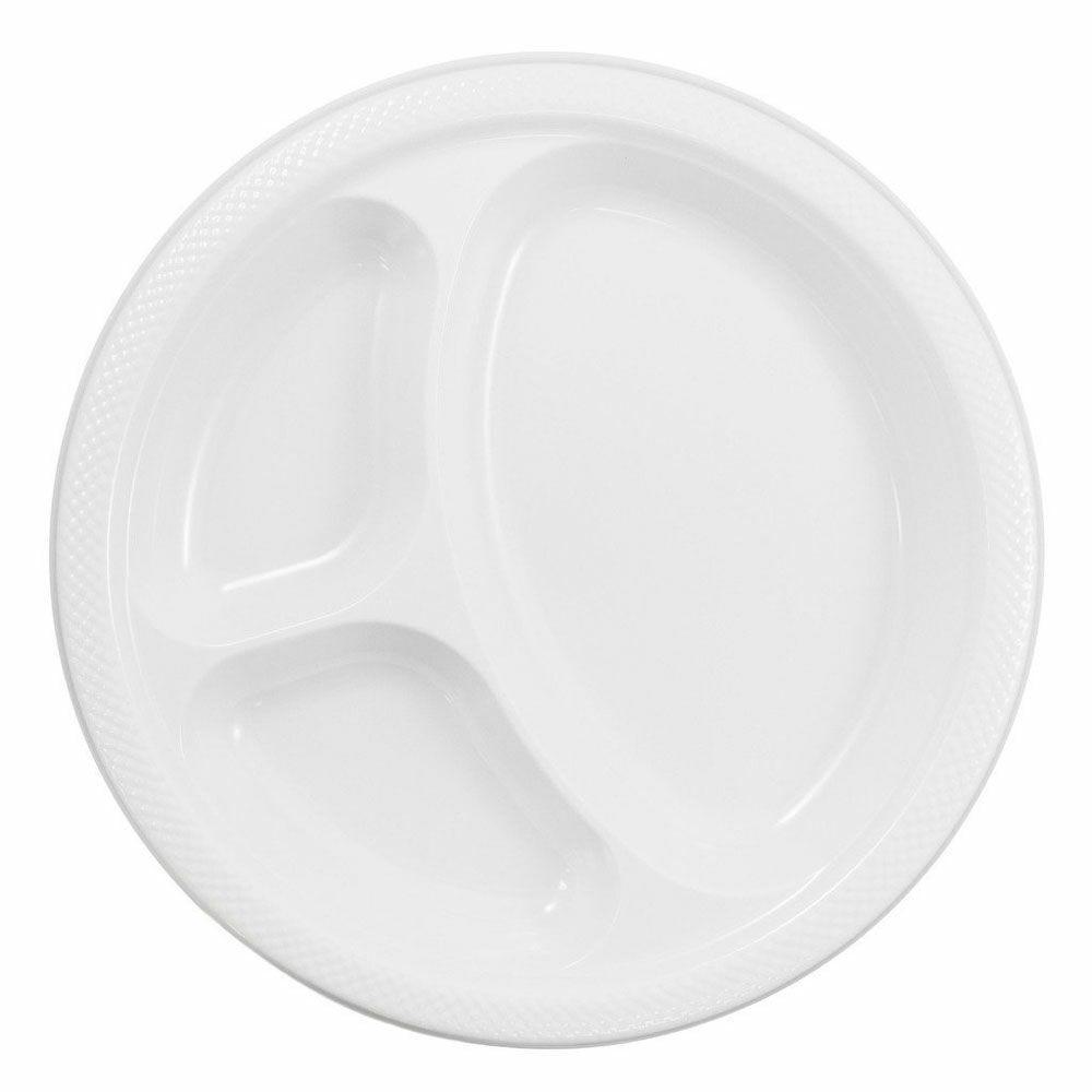 JAM PAPER Plastic 3 Compartment Divided Plates, Large, 10 1/4 inch, White, 20/Pack MPN:10255CPWH