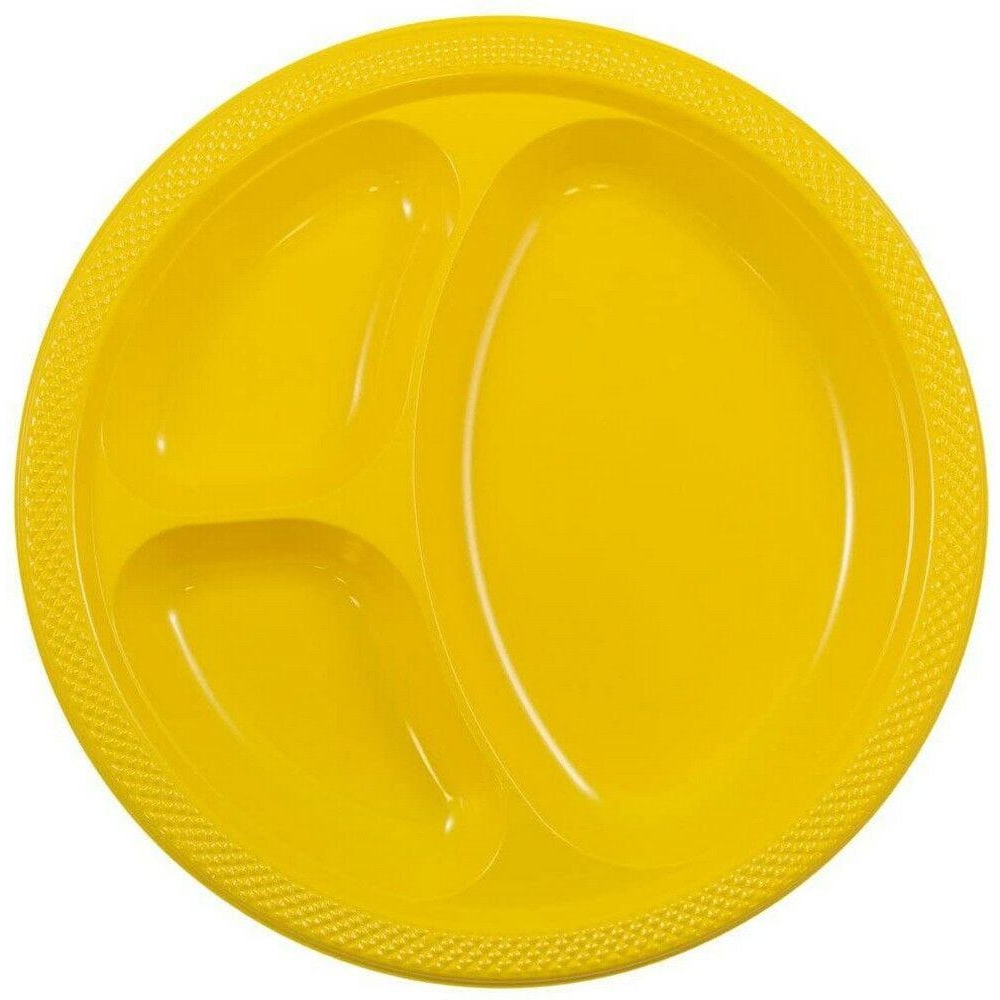 JAM PAPER Plastic 3 Compartment Divided Plates, Large, 10 1/4 inch, Yellow, 20/Pack MPN:10255CPYE