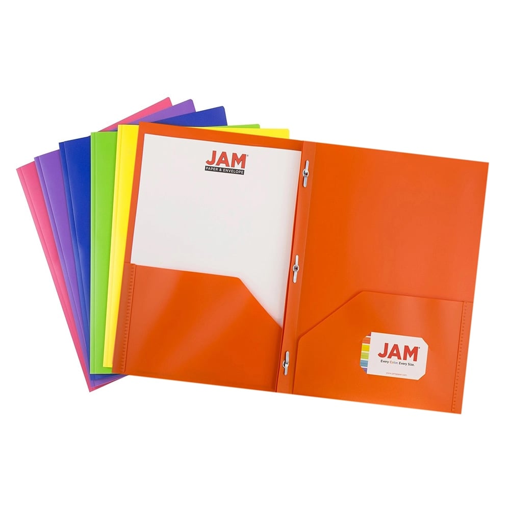 JAM Paper Plastic 2-Pocket POP Folders With Prongs, Letter Size, 9-1/2in x 11-1/2in, Assorted Primary Colors, Pack Of 6 Folders MPN:382ECBGYPOFU