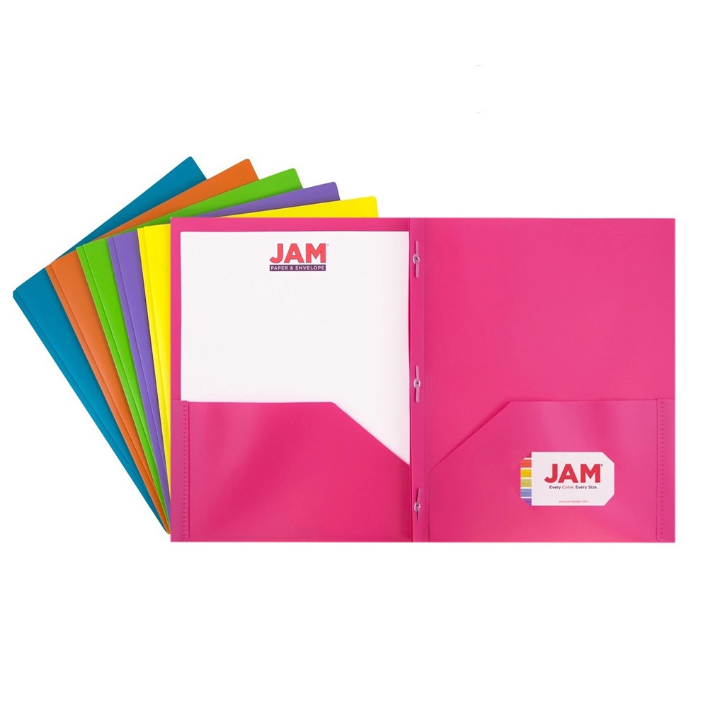 JAM Paper Plastic 2-Pocket POP Folders With Prongs, Letter Size, 9-1/2in x 11-1/2in, Assorted Fashion Colors, Pack Of 6 Folders MPN:382ECFASSRT