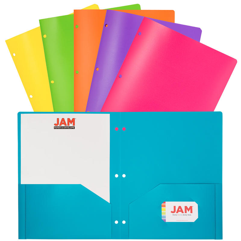 JAM Paper POP Plastic 3-Hole Punched 2-Pocket School Folders, 9-1/2in x 11-1/2in, Assorted Fashion, Pack Of 6 Folders MPN:382EHPASTFA