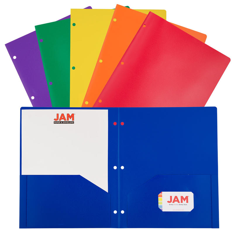 JAM Paper POP Plastic 3-Hole Punched 2-Pocket School Folders, 9-1/2in x 11-1/2in, Assorted Primary, Pack Of 6 Folders MPN:382EHPASTPR