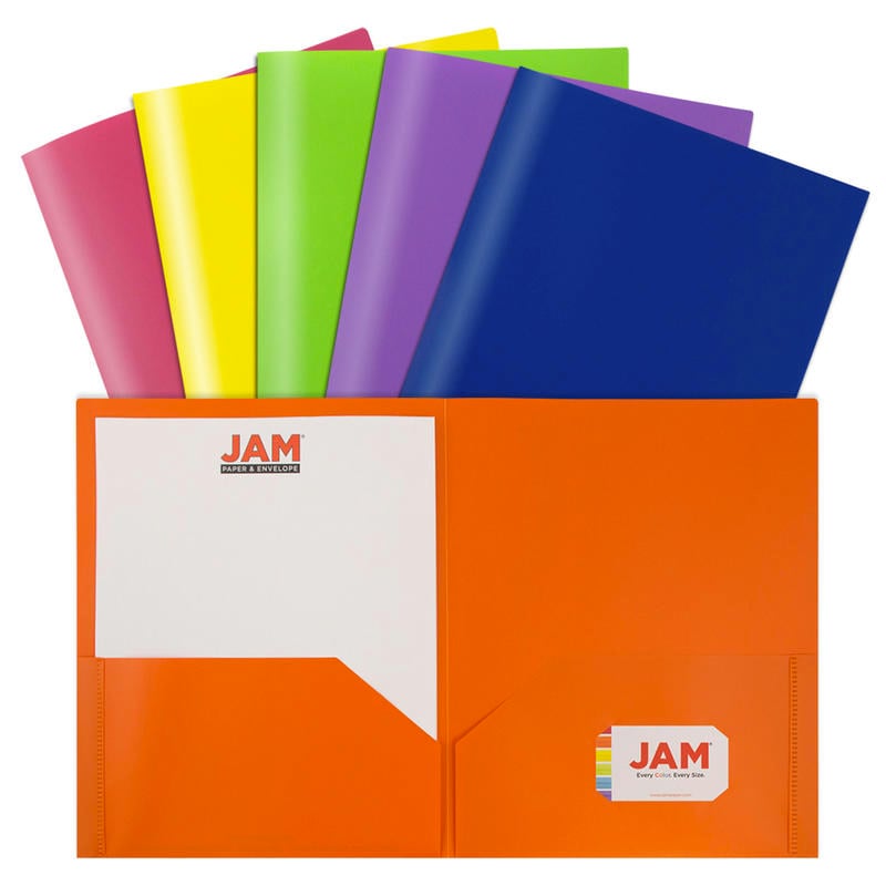 JAM Paper POP Plastic 2-Pocket School Folders, 9-1/2in x 11-1/2in, Assorted Primary, Pack Of 6 Folders MPN:383EASSRTD