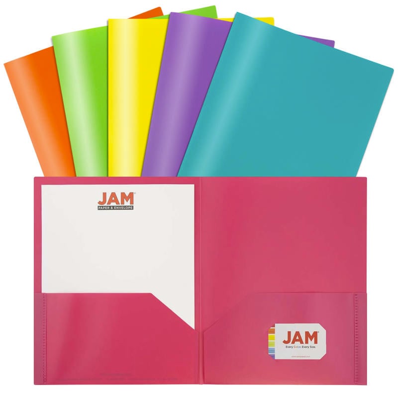 JAM Paper POP Plastic 2-Pocket School Folders, 9-1/2in x 11-1/2in, Assorted Fashion, Pack Of 6 Folders MPN:383EFASSRT