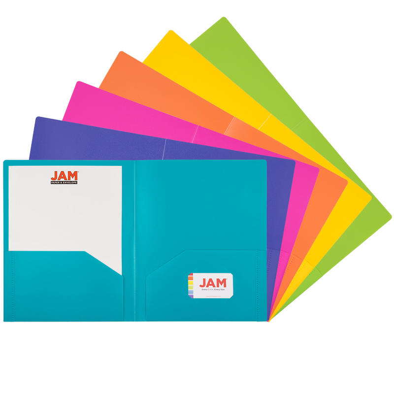 JAM Paper Heavy-Duty Plastic Presentation Folders, 9-1/2in x 11-1/2in, Assorted Primary, Pack Of 6 Folders MPN:383HFASSRT