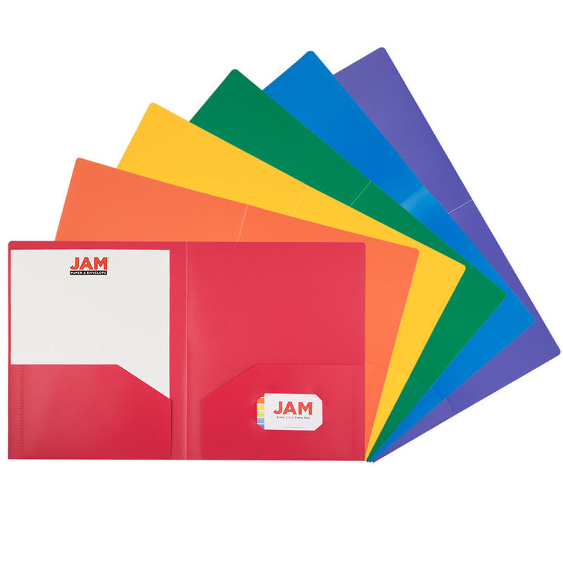 JAM Paper Heavy-Duty Plastic Presentation Folders, 9-1/2in x 11-1/2in, Assorted Fashion, Pack Of 6 Folders MPN:383HRGBYOP