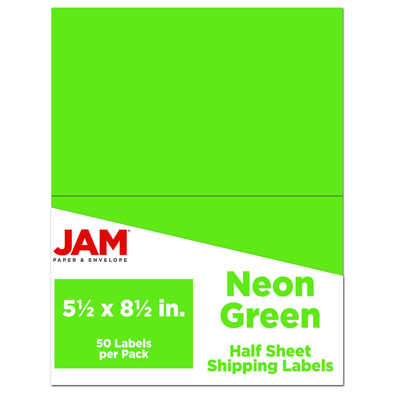 JAM Paper Half-Page Mailing And Shipping Labels, Rectangle, 5-1/2in x 8-1/2in, Neon Green, Pack Of 50 Labels MPN:359429626