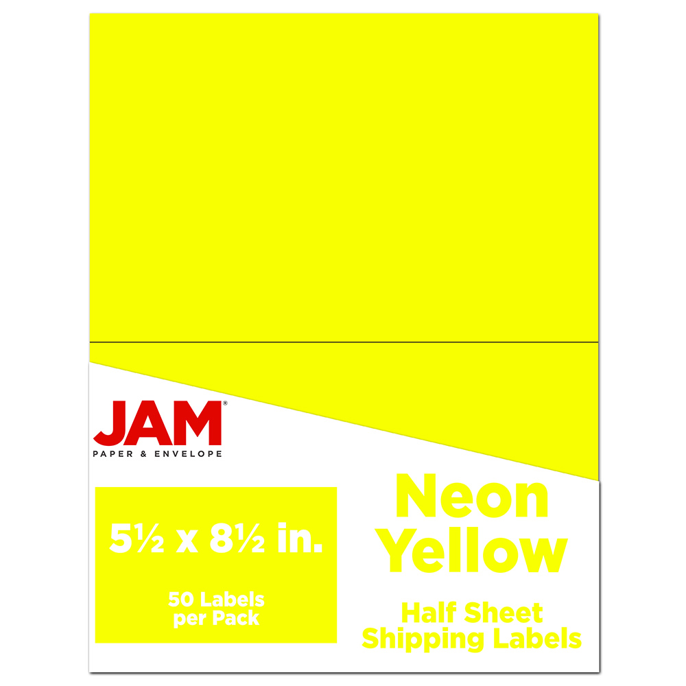 JAM Paper Half-Page Mailing And Shipping Labels, Rectangle, 5-1/2in x 8-1/2in, Neon Yellow, Pack Of 50 Labels MPN:359429627