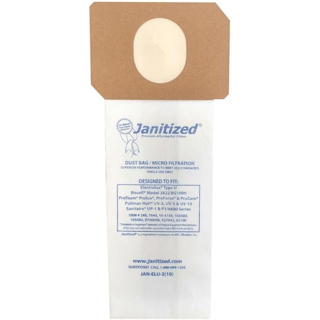 Filter Bag, Rplcs Electrolux Type U, PK10, 2-ply, Micro Filter, 10 PK MPN:JAN-ELU-2(10)