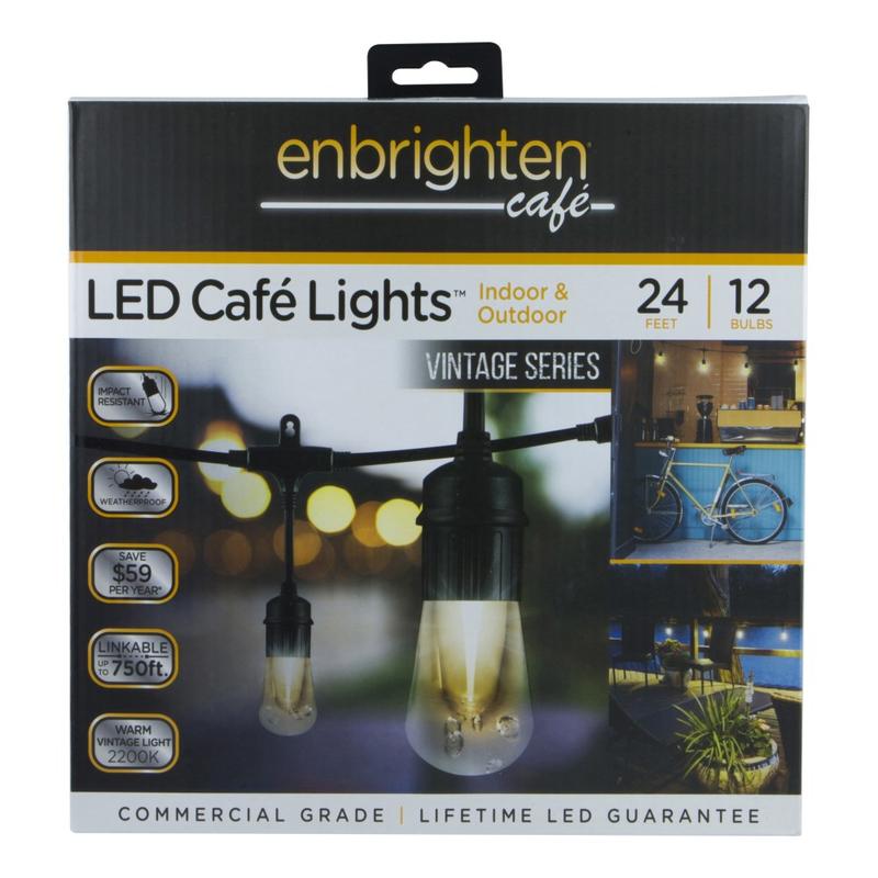 Enbrighten Vintage LED Cafe Lights, 24ft, Indoor/Outdoor, White Cord/White Lights MPN:35629