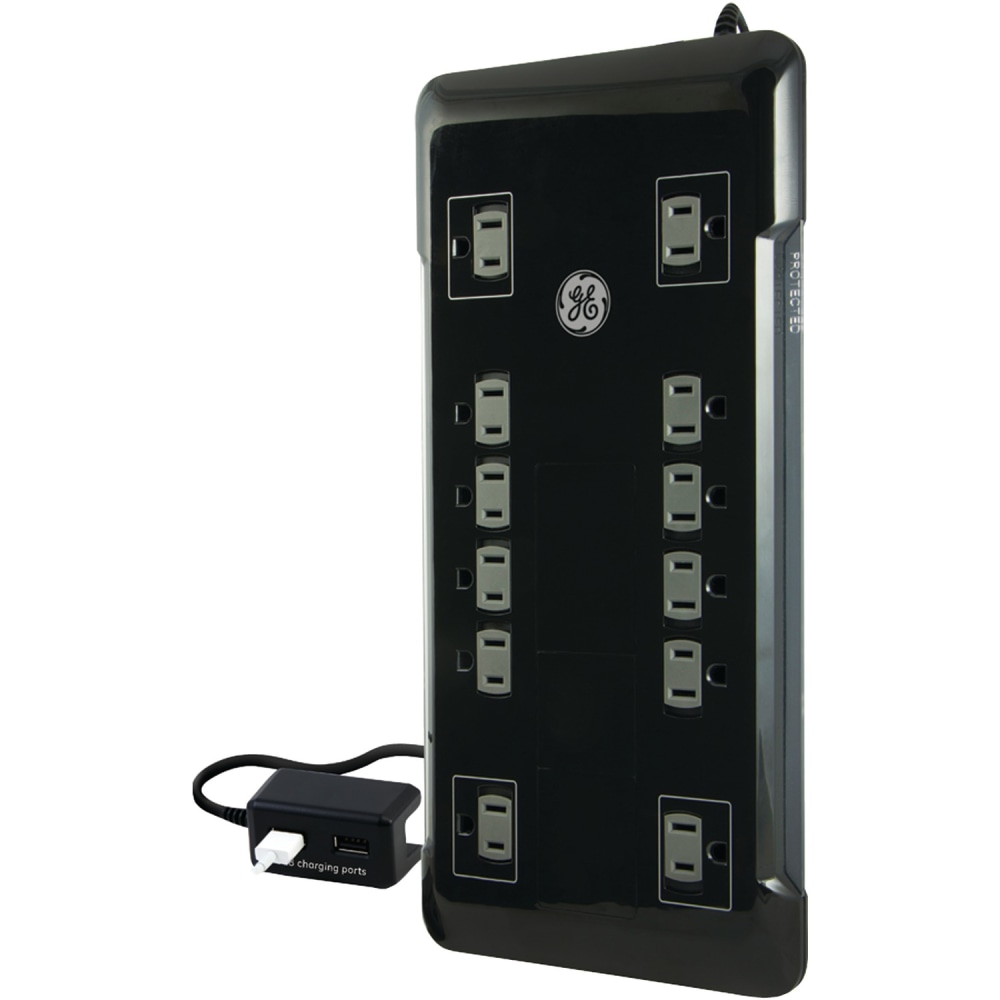 GE UltraPro 12 Outlet Surge Protector with 2 USB Tether, 8 ft Long Cord, 4320 Joules, Outlet Safety Covers, Black, 11824 MPN:11824
