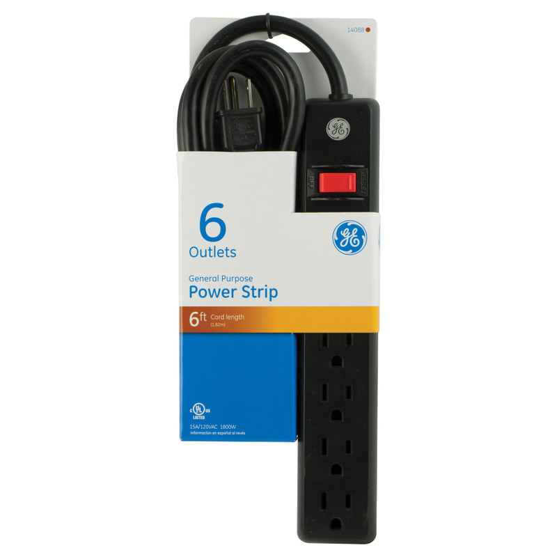 GE 6-Outlet Power Strip, 6ft Cord, Black MPN:14088