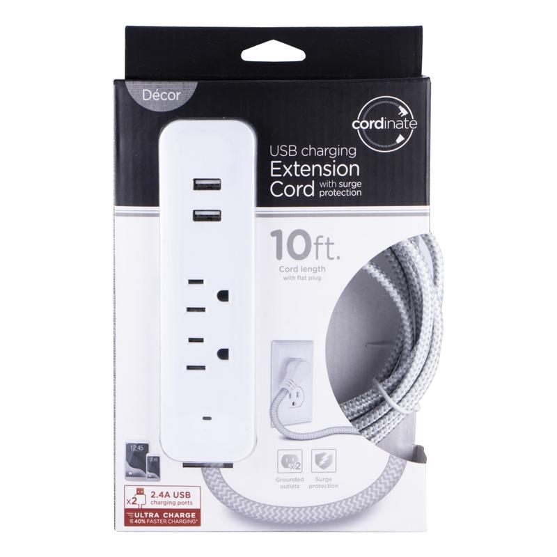 Cordinate 4-Outlet 16-Gauge USB Extension Cord With Surge Protection, 10ft, Gray/White MPN:41691