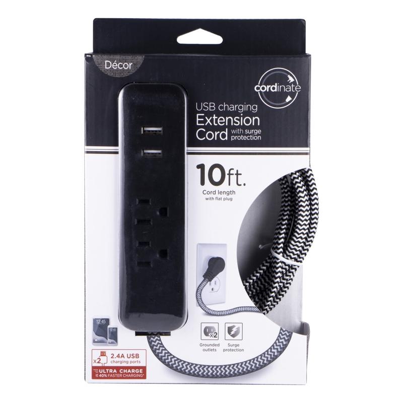 Cordinate 4-Outlet 16-Gauge USB Extension Cord With Surge Protection, 10ft, Black/White MPN:41885