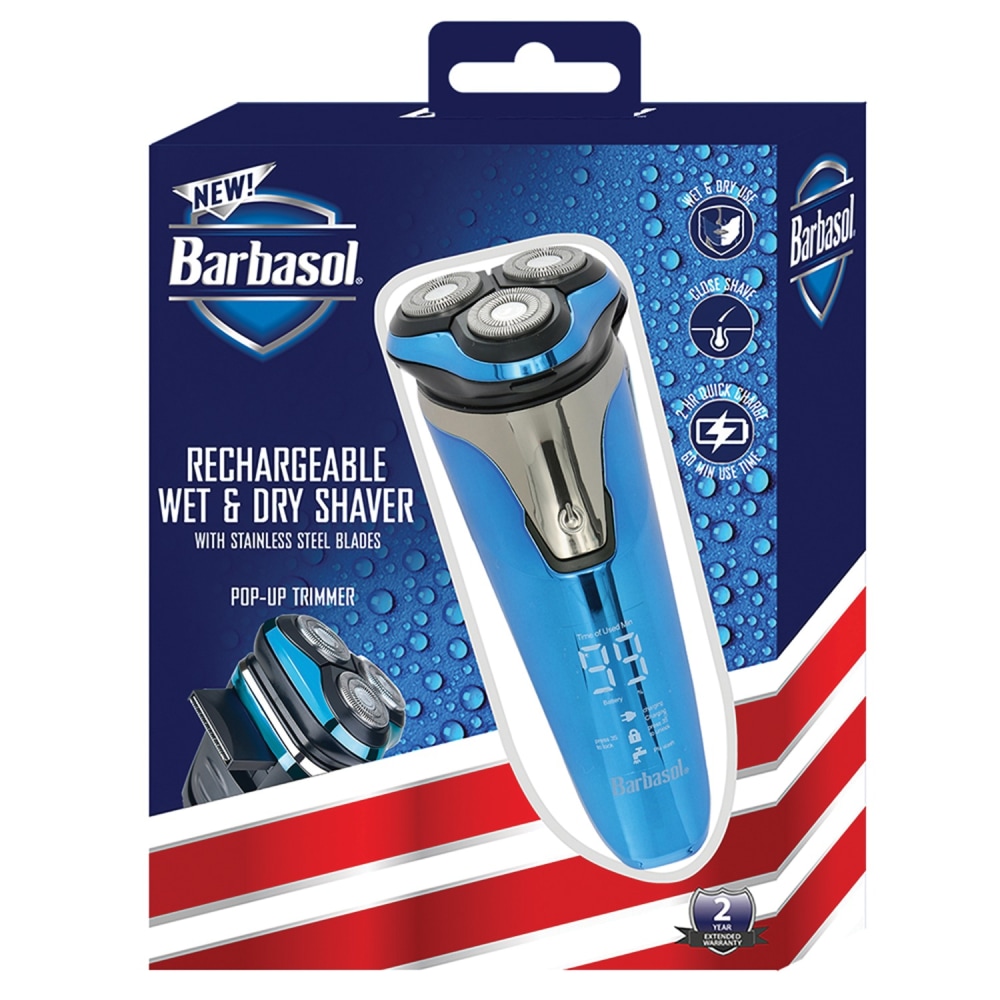 Barbasol Mens Rechargeable Wet/Dry LCD Lithium Rotary Shaver With Pop-Up Trimmer, 2-1/2ft, Blue MPN:CBR1-1003-SIG