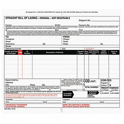 Bill of Lading Forms 3-Part Carbon PK5 MPN:346