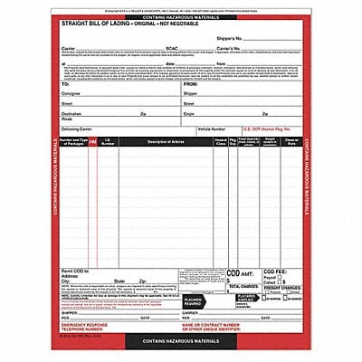 Hazmat Bill of Lading Forms Hazmat PK250 MPN:958