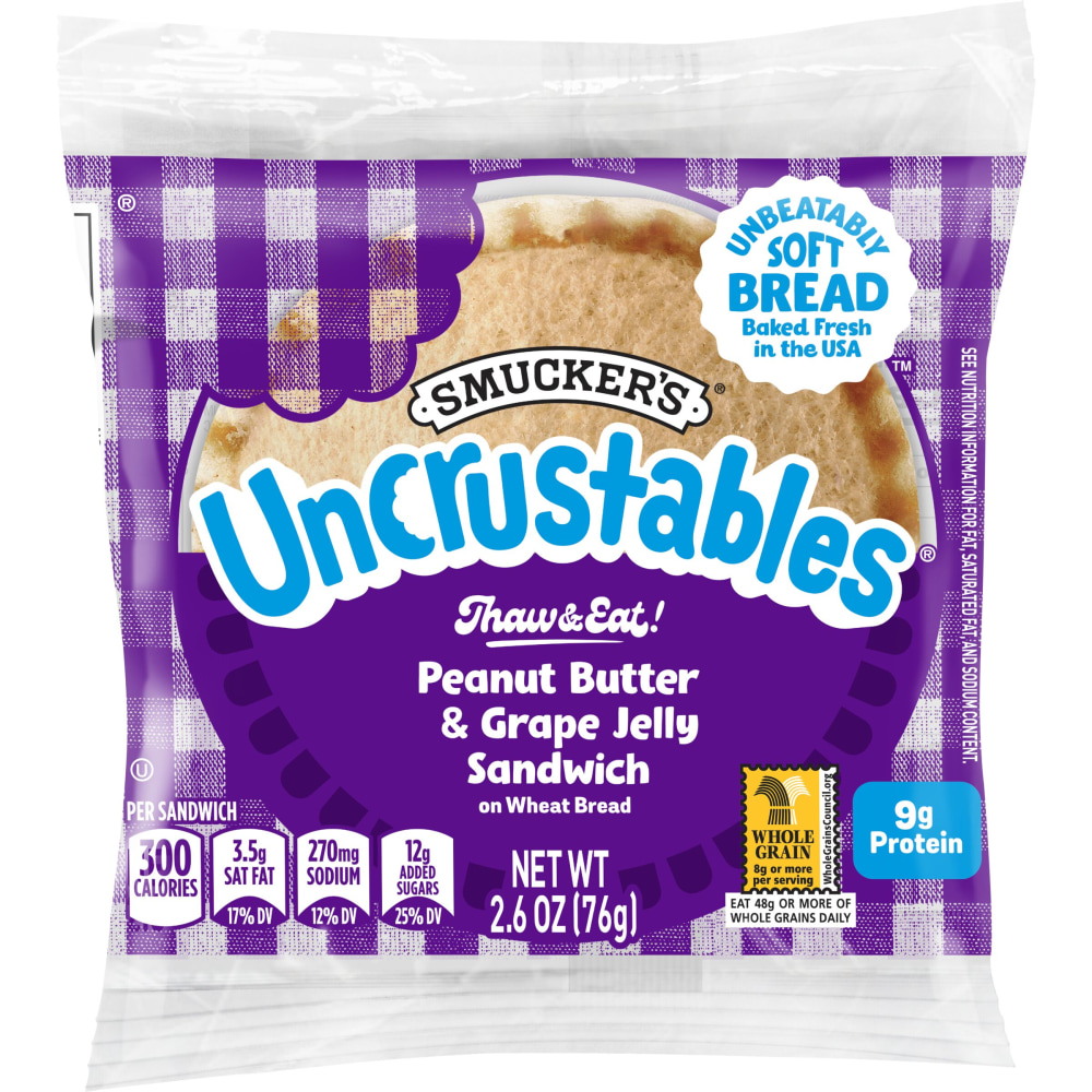 Smuckers Uncrustables Peanut Butter And Grape Jelly Wheat Sandwiches, 2.6 Oz, Pack Of 48 Sandwiches MPN:00051500409404