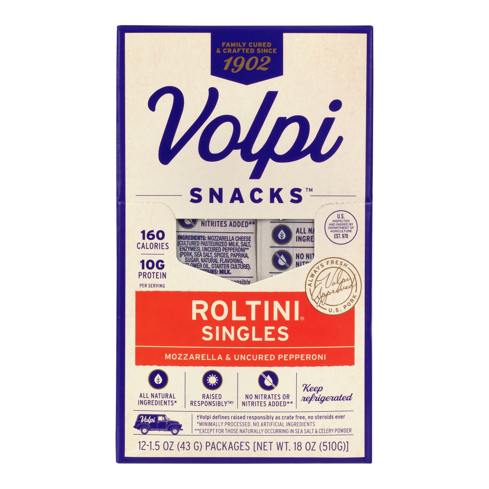 Volpi Roltini Singles, Uncured Pepperoni And Mozzarella, 1.5 Oz, 12 Singles Per Pack, Carton Of 2 Packs MPN:10765171855541