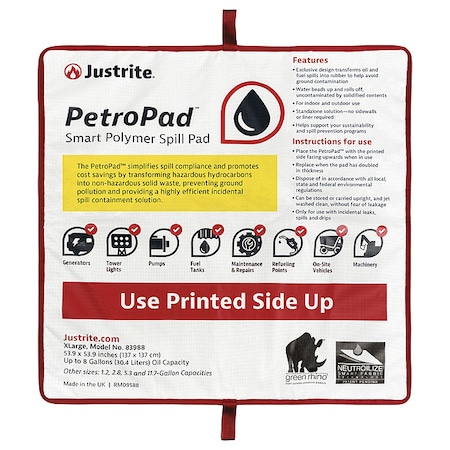 Sorbent Pad, Not Applicable, 53.9 in x 53.9 in, Flammable Liquids, Fuels, White MPN:83988