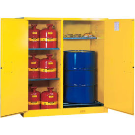 Justrite® Drum Cabinet 115 Gal. Capacity Vertical Manual Close Flammable W/ Drum Rollers 899260