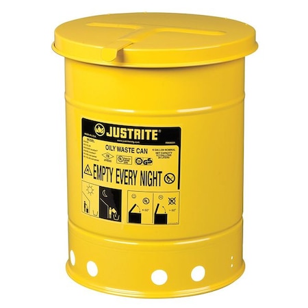 Oily Waste Can, 6 gal, Yellow, Steel, 15 7/8 in Height, Hand Operated Self-Closing MPN:09111