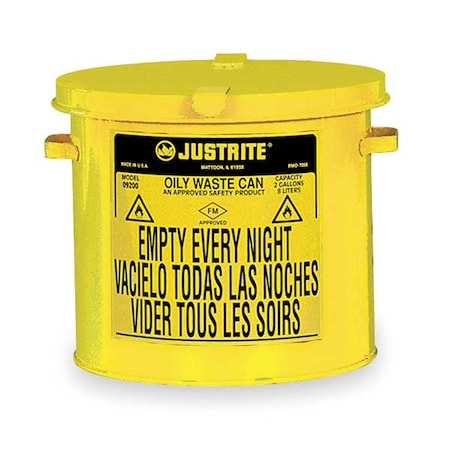 Oily Waste Can, 2 gal, Yellow, Steel, 9 1/8 in Height, Hand Operated Self-Closing MPN:09200Y