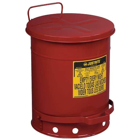 Oily Waste Can, 10 Gallon Capacity, Galvanized Steel, Red, Foot Operated Self Closing MPN:09300