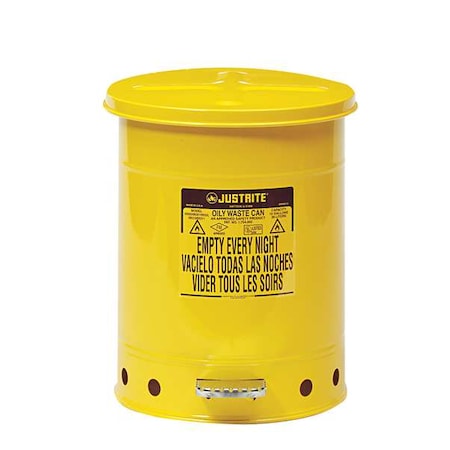 Oily Waste Can, 10 gal, Yellow, Steel, 18 1/4 in Height, Foot Operated Self-Closing MPN:09301