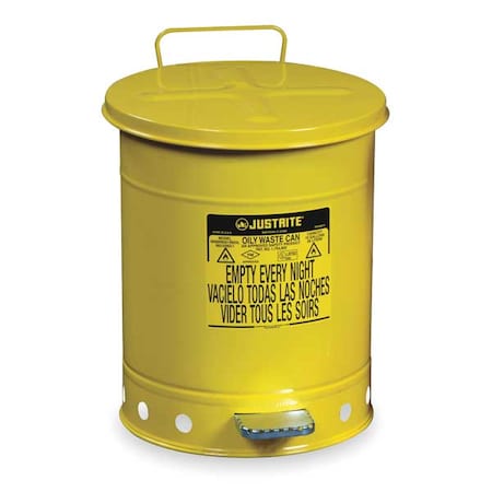 Oily Waste Can, 14 gal, Yellow, Steel, 20 1/4 in Height, Foot Operated Self-Closing MPN:09501