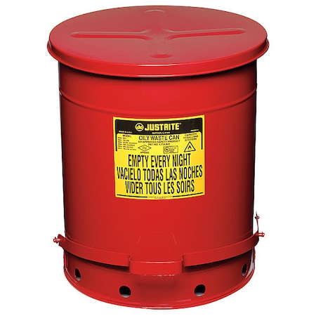 Oily Waste Can, 14 gal, Red, Steel, 20 1/4 in Height, Sound Dampening Foot Operated Self-Closing MPN:09508