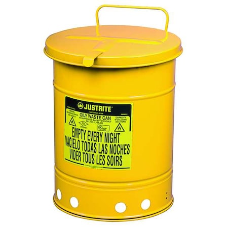 Oily Waste Can, 14 gal, Yellow, Steel, 20 1/4 in Height, Hand Operated Self-Closing MPN:09511