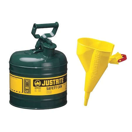 Type I Safety Can, Galvanized Steel, 2 gal, Green, Auto-Venting Lid, Includes Funnel, Combustibles MPN:7120410