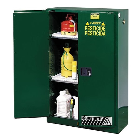 Hazardous Material Storage Cabinet, 45 gal, 2 Shelves, Steel, 43 in W x 65 in H x 18 in D, Green MPN:894524