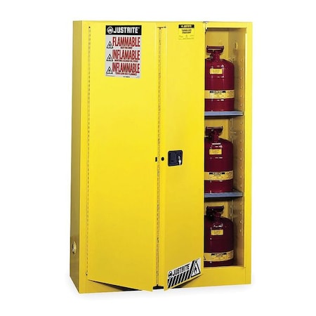 Hazardous Material Storage Cabinet, 45 gal, 2 Shelves, Steel, 43 in W x 65 in H x 18 in D, Yellow MPN:894580