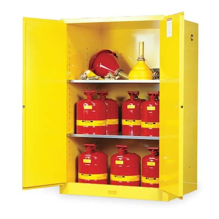 Hazardous Material Storage Cabinet, 90 gal, 2 Shelves, Steel, 43 in W x 65 in H x 34 in D, Yellow MPN:899000