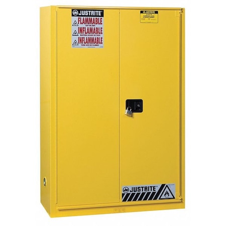Hazardous Material Storage Cabinet, 90 gal, 2 Shelves, Steel, 43 in W x 65 in H x 34 in D, Yellow MPN:899080