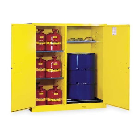 Hazardous Material Storage Cabinet, 115 gal, 3 Shelves, Steel, 59 in W x 65 in H x 34 in D, Yellow MPN:899260