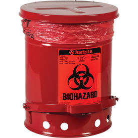 Justrite® Round Biohazard Waste Can Steel 6 Gallon Capacity Red 05910R