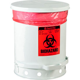 Justrite® Round Biohazard Waste Can Steel 10 Gallon Capacity White 05930